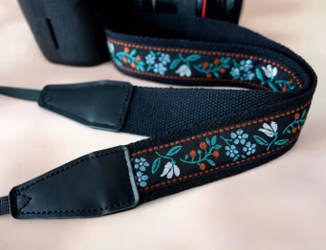 Floral Embroidered Camera Strap, Handcrafted Black Base Webbing Strap, Polaroid Camera Strap, Anti-Slip DSLR Camera Strap, Photographer Gift