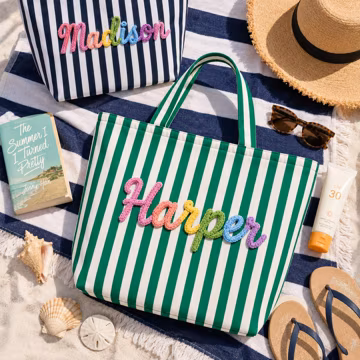 Personalized College Letter Tote, Embroidered Name Carry Bag, Green and White Stripe Handbag, Teen Birthday Present, Green Stripe Bag