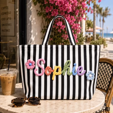 Personalized Embroidered Tote Bag, Stripe Canvas Carryall, Varsity Name Bag, Handmade Crochet Tote Bag