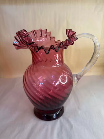 Fenton Cranberry Swirl Glass Pitcher with Crimped Edge & Applied Clear Handle