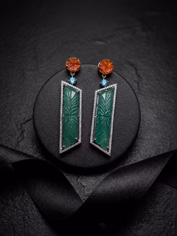 925 Sterling Silver Green Onyx Earrings with Blue Topaz & Carnelian | Moissanite Statement Drop Earrings | Carved Gemstone Dangle Jewelry