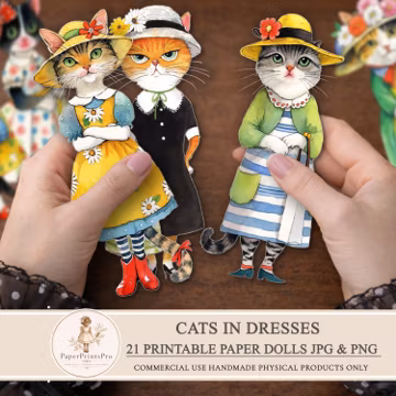 Paper Dolls Cats in Dresses, Printable Cat Ephemera, Fussy Cuts, Whimsical animal Crafts - PaperPrintsPro