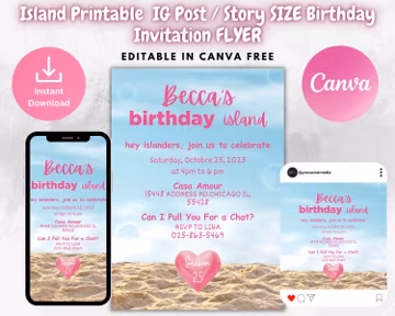 Island Themed Printable Birthday Invitation Template | Instagram Post & Story | Y2K Inspired Flyer | 90s 00s Throwback | Canva template