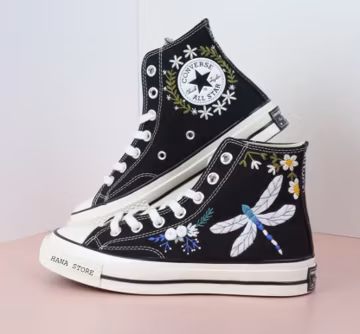 Embroidered Converse Chuck Taylor Sneakers: Dragonfly & Flower Design