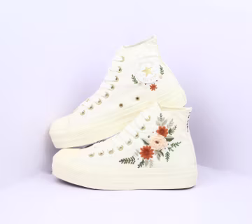 Custom Wedding Converse: White Flower Embroidered Bridal Sneakers