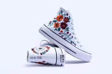 Custom Wedding Converse Platform: White Flower Embroidered Bridal Sneakers