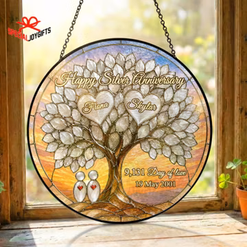 25th Silver Wedding Anniversary Stained Glass Suncatcher, Tree of Life 25th Gifts, 25th Wedding Anniversary Gift, 25th Silver Wedding Gift