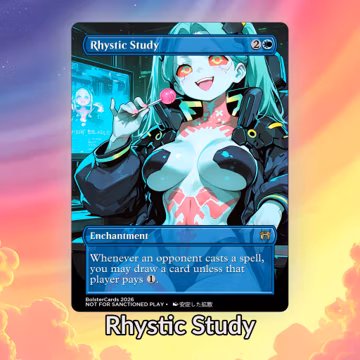 Rhystic Study Cyberpunk Anime Waifu Playtest Proxy Card: Custom TCG Art