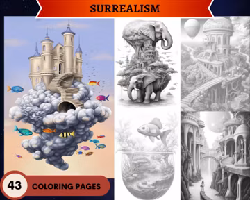 43 Surrealism Coloring Pages | Printable Adult Coloring Pages | Download Grayscale Illustration