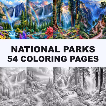 54 National Parks Grayscale Coloring Pages, Scenic Nature Landscapes Coloring Book, Coloring Bundle