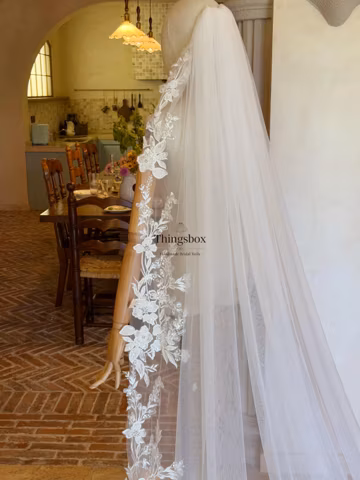 Delicate Sparkling lace veil Beaded Floral Lace Wedding Veil, Soft Sheer Tulle Veil with Comb, 108" Chapel Cathedral Veil Ivory Tulle