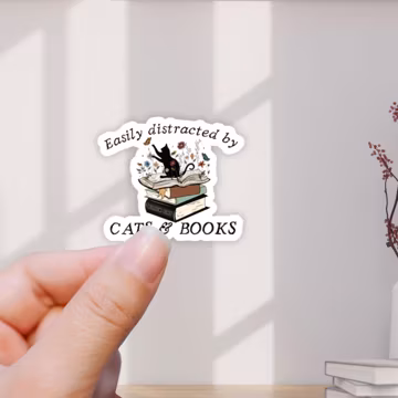 Easily Distracted by Cats & Books Vinyl Sticker - Cat Lover Gift