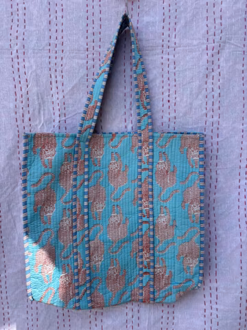 Handmade Quilted Cotton Tote Bag: Turquoise Animal Print