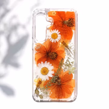 Orange Pressed Flower Phone Case, Real Floral Resin Cover, Botanical Daisy Clear Case, Handmade Nature Accessory