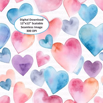 Watercolor Hearts Sublimation, Digital Design Download, Hearts Design, Seamless Hearts pattern, Digital Paper, Sublimation, Printable, #5010