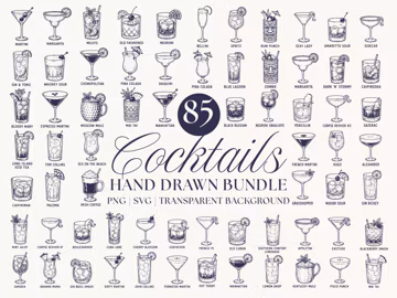 Hand Drawn Cocktail Bundle, 85 Drinks Illustrations, Signature Cocktail Clipart, Wedding Drink Menu, Vintage Line Art, Cocktail Clipart