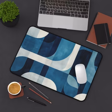 Blue Serenity Mid-Century Retro Geometric Desk Mat - retro-inspired curves in shades of navy, teal, and white, for a sophisticated desk