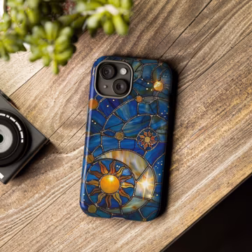 Cosmic Phone Case: Stained Glass Sun, Moon & Stars Design