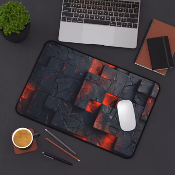 Crimson and Black Abstract Desk Mat - large computer desk mat with black tiles and intense red cracks creating an industrial feel