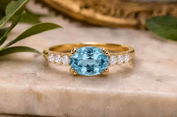 East West Aquamarine Ring, Oval Aquamarine Engagement Ring, Moissanite Promise Ring, March Birthstone Gift for Her