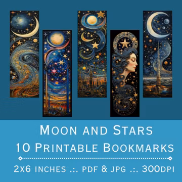 Celestial Moon and Stars Bookmarks: Printable Set (PDF & JPEG)