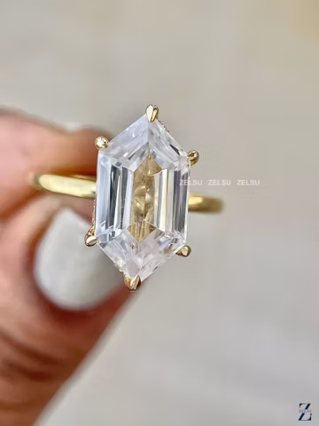 Hidden Halo Moissanite Hexagon Engagement Ring, Solid Gold Hexagon Moissanite Wedding Ring, Anniversary Gift Moissanite Ring For Women