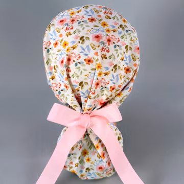 Floral Bows Ponytail Scrub Cap, Women's Surgical Hat, Ribbon Ties, Optional Satin Lining