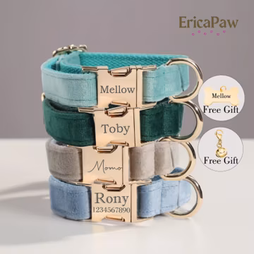 Velvet Personalise Dog Collar Leash Set with Bow, Engraved Pet Name Plate Metal Buckle,Wedding Puppy Gift, Puppy Christmas gift collar