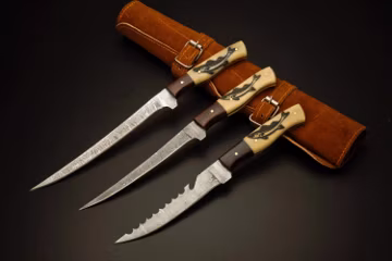 3 Piece Damascus Steel Fillet Knives with Leather Roll | Handmade Fishing Knife Set | Holiday Gift Idea | Custom Fishing Knives