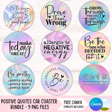 Positive Affirmations Car Coaster PNG Bundle Inspirational Quotes Cup Holder Sublimation Designs Motivational Round Keychain PNG Designs