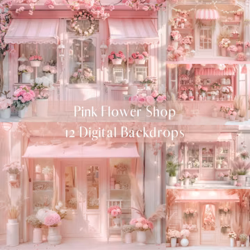 Pink Flower Shop Digital Backdrops, Family Portrait Kids Composite Photography Digital Background,Photoshop Overlays,Spring Romantic Blossom