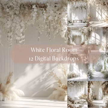 White Floral Room Digital Backdrops, Maternity Wedding Portrait Digital Overlays, Studio Photography Digital Background, Photoshop Overlays