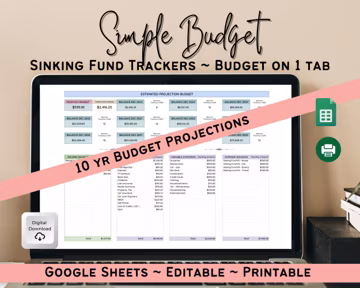 Household planner, Budget Planner Printable, Sinking Funds Tracker, 10 Yr Projection Table, Budget Tracker Google Sheets, Editable Budget