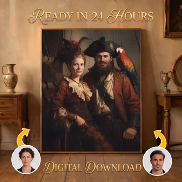 Custom Pirate Couple Portrait – Personalized Historical Pirate Art, Anniversary Couples Gift, Vintage Pirate Print, Portrait From Photo