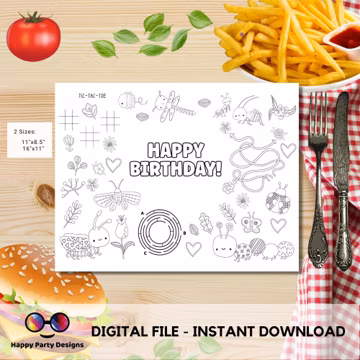 Cute Bugs coloring activity page | Placemat coloring page | Instant Download | Bugs birthday party | Cute Bugs Party Activity favors #K49