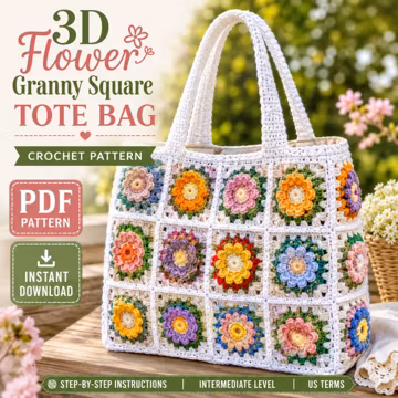 3D Flower Granny Square Tote Bag Pattern PDF & Video Tutorial, Crochet Tote Bag Pattern, Floral Crochet Bag, Crochet Shoulder Bag