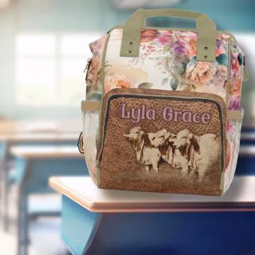 PERSONALIZED Brahman Cattle Floral Backpack Diaper Bag, Rustic Cowgirl Western Christmas Gift, Cowgirl School Backpack or Western Baby Gift