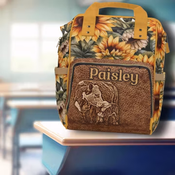 PERSONALIZED Hereford Cattle Sunflower Western Backpack Diaper Bag, Punchy Western Christmas Gift, Back to School Cowgirl Sunflower Backpack