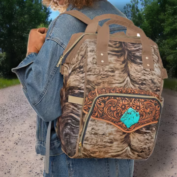 Personalized Western Backpack/Diaper Bag a Hair-on Brindle Cowhide & Carved Leather DIGITALLY PRINTED Design. Unique Christmas or Baby Gift