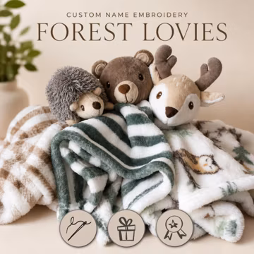 Personalized Baby Lovey Woodland Theme Security Blanket Spring Toy Nursery Decor Custom Name Embroidered Gift Shower Plush buck baby boy