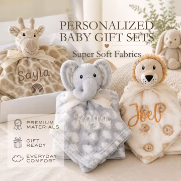 Safari Lovey Blanket Baby Shower Gift Set Personalized Comfort Toy Animal Plushie Giraffe Security Lion Plush Jungle Theme Nursery Decor