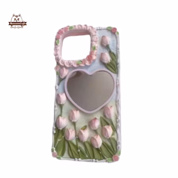 Finished Handmade Decoden Phone Case | Pink Tulip Flowers Heart Mirror | Samsung | Android | Apple iPhone | Tablet