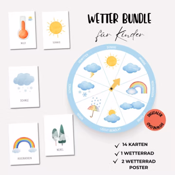 Wetteruhr basteln Kinder Wetterkarten Montessori Wetterrad Wetter Bundle für Kinderzimmer zum Ausdrucken Wetterposter PDF Download