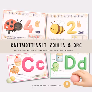 Zahlen und Buchstaben ABC lernen Vorschule Kindergarten, Knetmattenset, Lernmaterial für Kindergarten & Vorschule, PDF Druckvorlage
