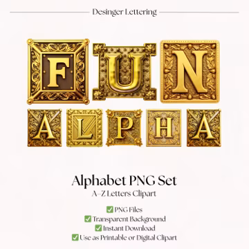Gold Lettering | Fancy Gold Clipart Alphabet Letters | Decorative Vintage Typography | Digital Download