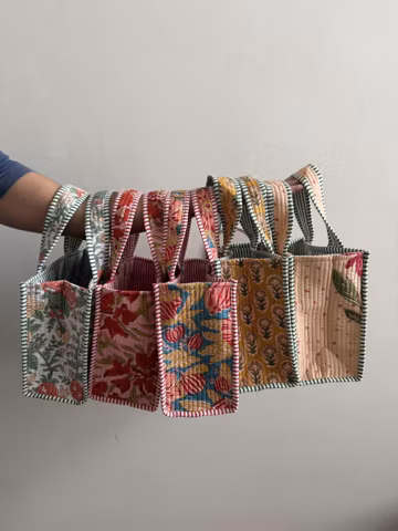 Quilted Cotton Tote Bag, Hand Block Print Mini Tote, Floral Lunch Bag, Small Reusable Tote for Women, Bag for Work, Picnic & Gifting