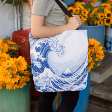 Blue Ukiyo-e Waves Tote Bag | Three Different Sizes | Reusable Colorful Japanese Shopping Bag | Dog Travel Totes | Beach Bag | Pet Book Bag