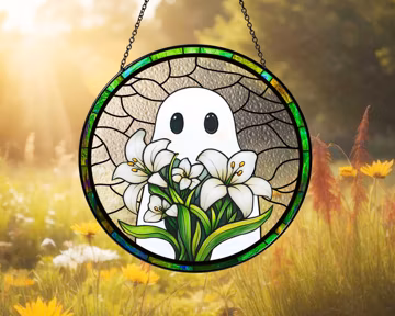 Ghost & Lily Of The Valley Glass Suncatcher, Halloween Ghost Glass Suncatcher, Monstera Suncatcher, Window Hangings Decor