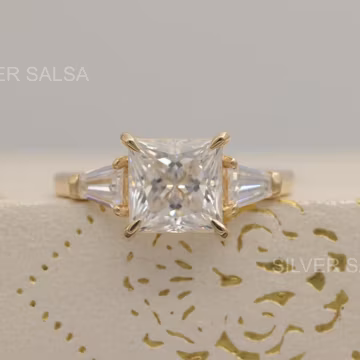 Princess Engagement Ring with Side Stone Tapered Baguette Moissanite Diamond Ring for Women 3 Stone Ring 14k Yellow gold Anniversary Ring