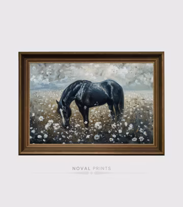 Farmhouse Decor, Horse Wall Art Vintage Black Horse Flower Landscape Oil Painting Printable Farmhouse Digital Art, Equestrian Wall Art Decor